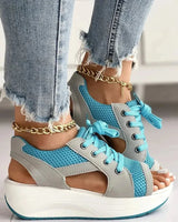 Contrast Paneled Cutout Lace-up Muffin Sandals